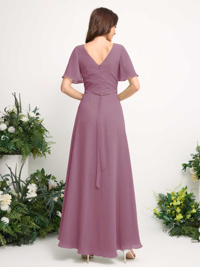 Carlyna Robe Trapèze Mousseline Col V Longueur ras du sol Robe de demoiselle d'honneur Mauve Vintage #couleur_mauve-vintage