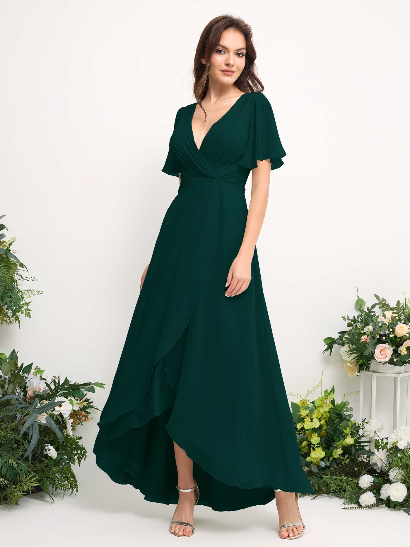 Carlyna Robe Trapèze Mousseline Col V Longueur ras du sol Robe de demoiselle d'honneur Émeraude Foncé #couleur_meraude-fonc