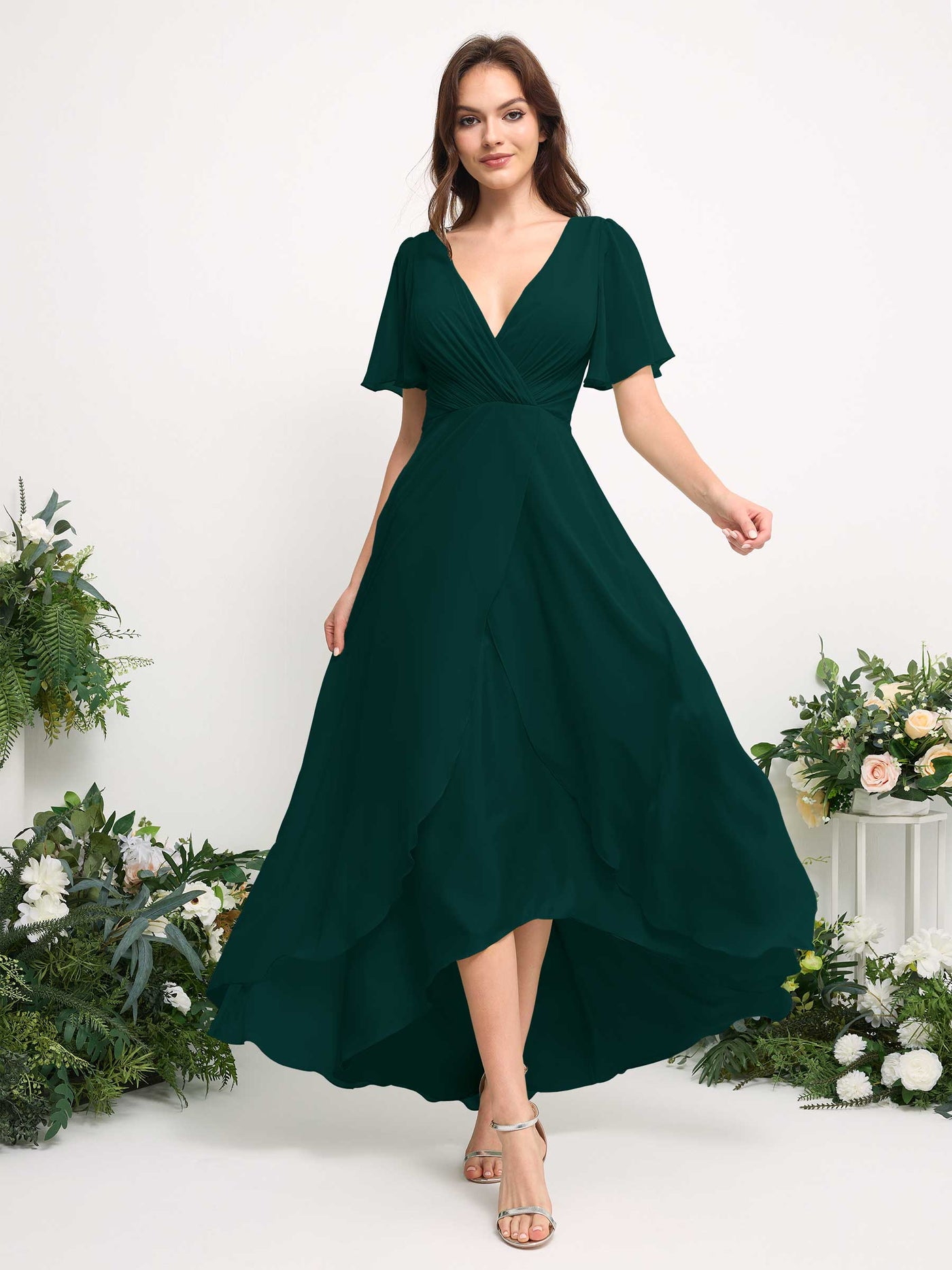 Carlyna Robe Trapèze Mousseline Col V Longueur ras du sol Robe de demoiselle d'honneur Émeraude Foncé #couleur_meraude-fonc