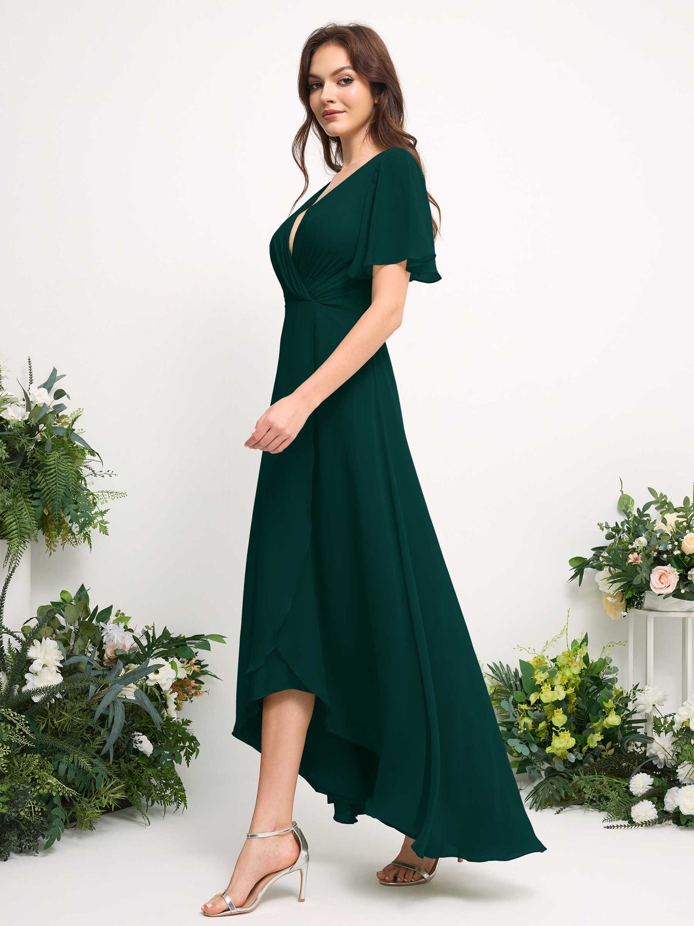Carlyna Robe Trapèze Mousseline Col V Longueur ras du sol Robe de demoiselle d'honneur Émeraude Foncé #couleur_meraude-fonc