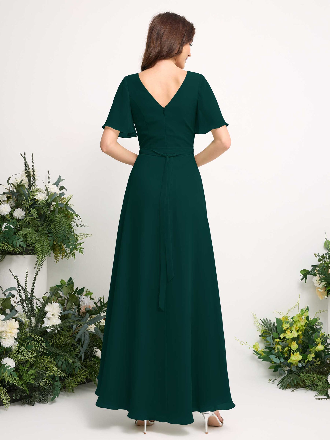 Carlyna Robe Trapèze Mousseline Col V Longueur ras du sol Robe de demoiselle d'honneur Émeraude Foncé #couleur_meraude-fonc