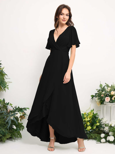 Carlyna Robe Trapèze Mousseline Col V Longueur ras du sol Robe de demoiselle d'honneur Noir #couleur_noir