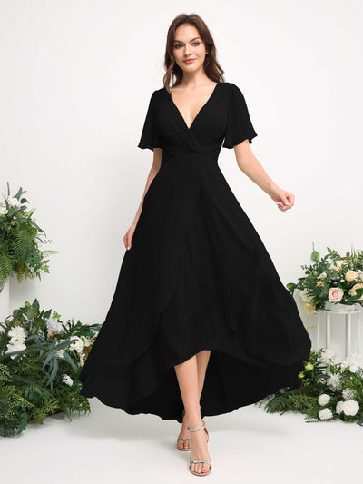 Carlyna Robe Trapèze Mousseline Col V Longueur ras du sol Robe de demoiselle d'honneur Noir #couleur_noir