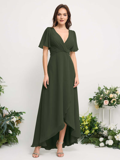 Carlyna Robe Trapèze Mousseline Col V Longueur ras du sol Robe de demoiselle d'honneur Olive Martini #couleur_olive-martini