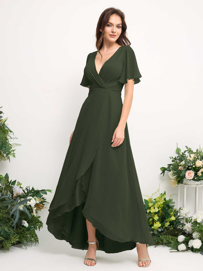 Carlyna Robe Trapèze Mousseline Col V Longueur ras du sol Robe de demoiselle d'honneur Olive Martini #couleur_olive-martini