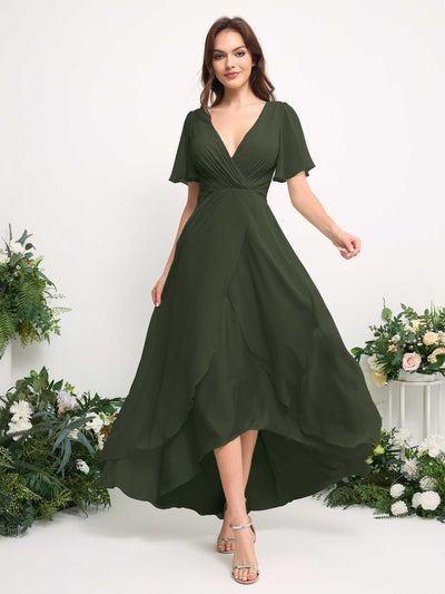 Carlyna Robe Trapèze Mousseline Col V Longueur ras du sol Robe de demoiselle d'honneur Olive Martini #couleur_olive-martini