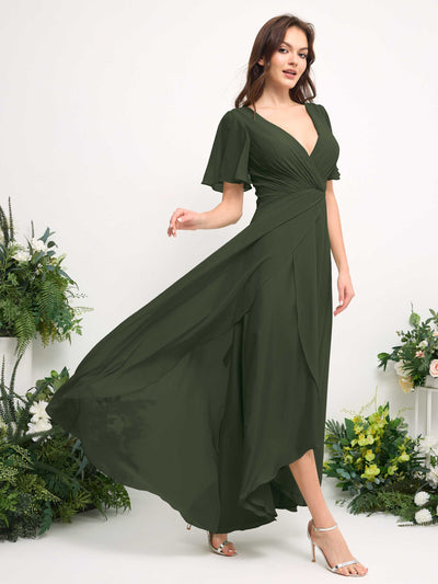 Carlyna Robe Trapèze Mousseline Col V Longueur ras du sol Robe de demoiselle d'honneur Olive Martini #couleur_olive-martini