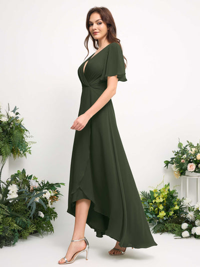 Carlyna Robe Trapèze Mousseline Col V Longueur ras du sol Robe de demoiselle d'honneur Olive Martini #couleur_olive-martini
