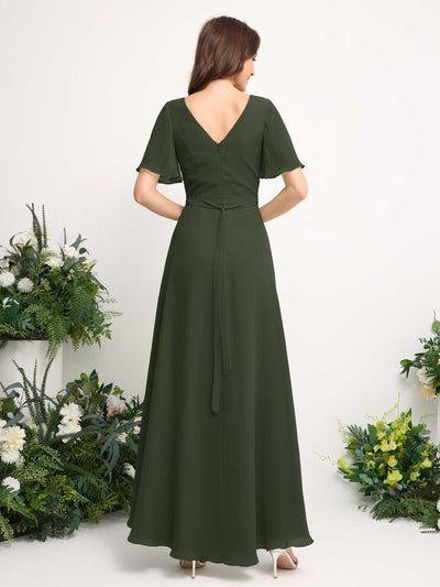 Carlyna Robe Trapèze Mousseline Col V Longueur ras du sol Robe de demoiselle d'honneur Olive Martini #couleur_olive-martini