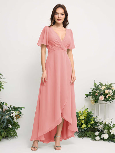 Carlyna Robe Trapèze Mousseline Col V Longueur ras du sol Robe de demoiselle d'honneur Rose Ballet #couleur_rose-ballet