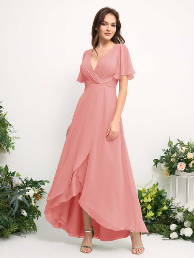 Carlyna Robe Trapèze Mousseline Col V Longueur ras du sol Robe de demoiselle d'honneur Rose Ballet #couleur_rose-ballet