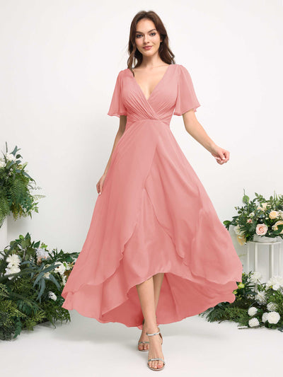 Carlyna Robe Trapèze Mousseline Col V Longueur ras du sol Robe de demoiselle d'honneur Rose Ballet #couleur_rose-ballet