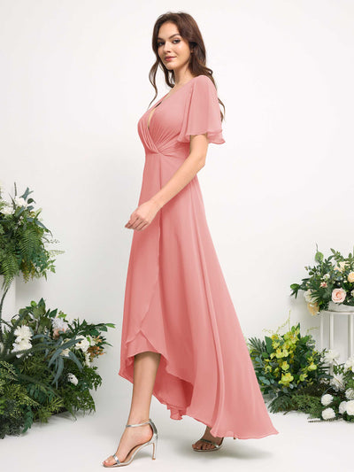 Carlyna Robe Trapèze Mousseline Col V Longueur ras du sol Robe de demoiselle d'honneur Rose Ballet #couleur_rose-ballet