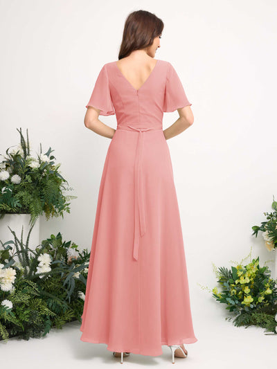 Carlyna Robe Trapèze Mousseline Col V Longueur ras du sol Robe de demoiselle d'honneur Rose Ballet #couleur_rose-ballet