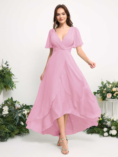 Carlyna Robe Trapèze Mousseline Col V Longueur ras du sol Robe de demoiselle d'honneur Rose Bonbon #couleur_rose-bonbon