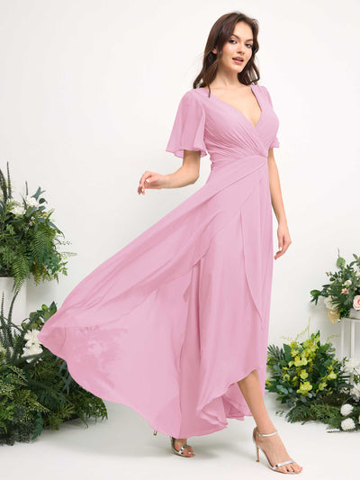 Carlyna Robe Trapèze Mousseline Col V Longueur ras du sol Robe de demoiselle d'honneur Rose Bonbon #couleur_rose-bonbon