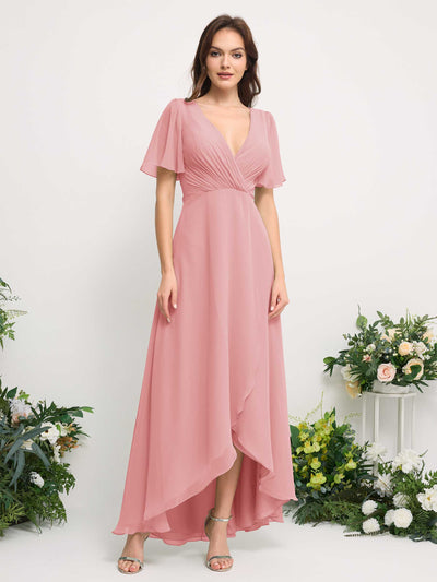 Carlyna Robe Trapèze Mousseline Col V Longueur ras du sol Robe de demoiselle d'honneur Rose Champagne #couleur_rose-champagne