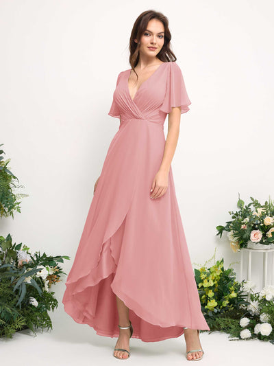 Carlyna Robe Trapèze Mousseline Col V Longueur ras du sol Robe de demoiselle d'honneur Rose Champagne #couleur_rose-champagne