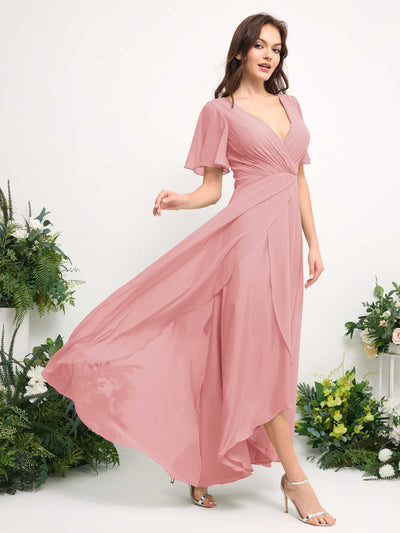 Carlyna Robe Trapèze Mousseline Col V Longueur ras du sol Robe de demoiselle d'honneur Rose Champagne #couleur_rose-champagne