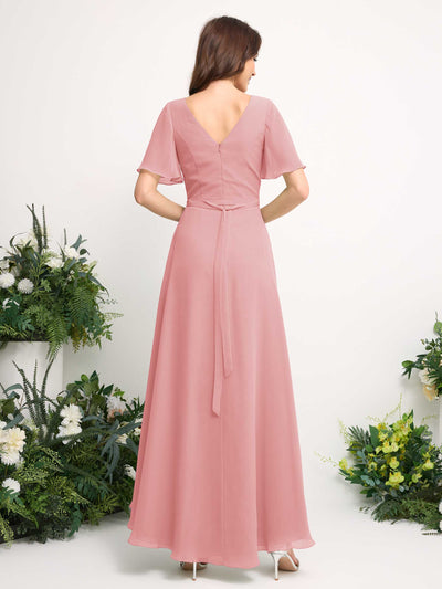 Carlyna Robe Trapèze Mousseline Col V Longueur ras du sol Robe de demoiselle d'honneur Rose Champagne #couleur_rose-champagne