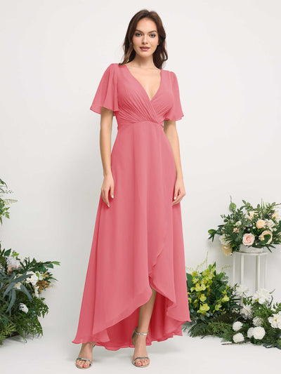 Carlyna Robe Trapèze Mousseline Col V Longueur ras du sol Robe de demoiselle d'honneur Rose Corail #couleur_rose-corail