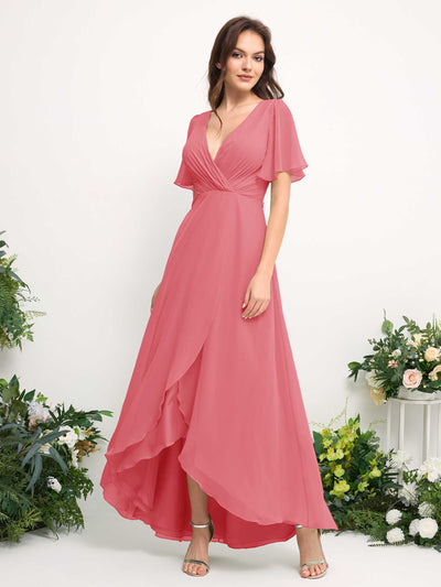 Carlyna Robe Trapèze Mousseline Col V Longueur ras du sol Robe de demoiselle d'honneur Rose Corail #couleur_rose-corail