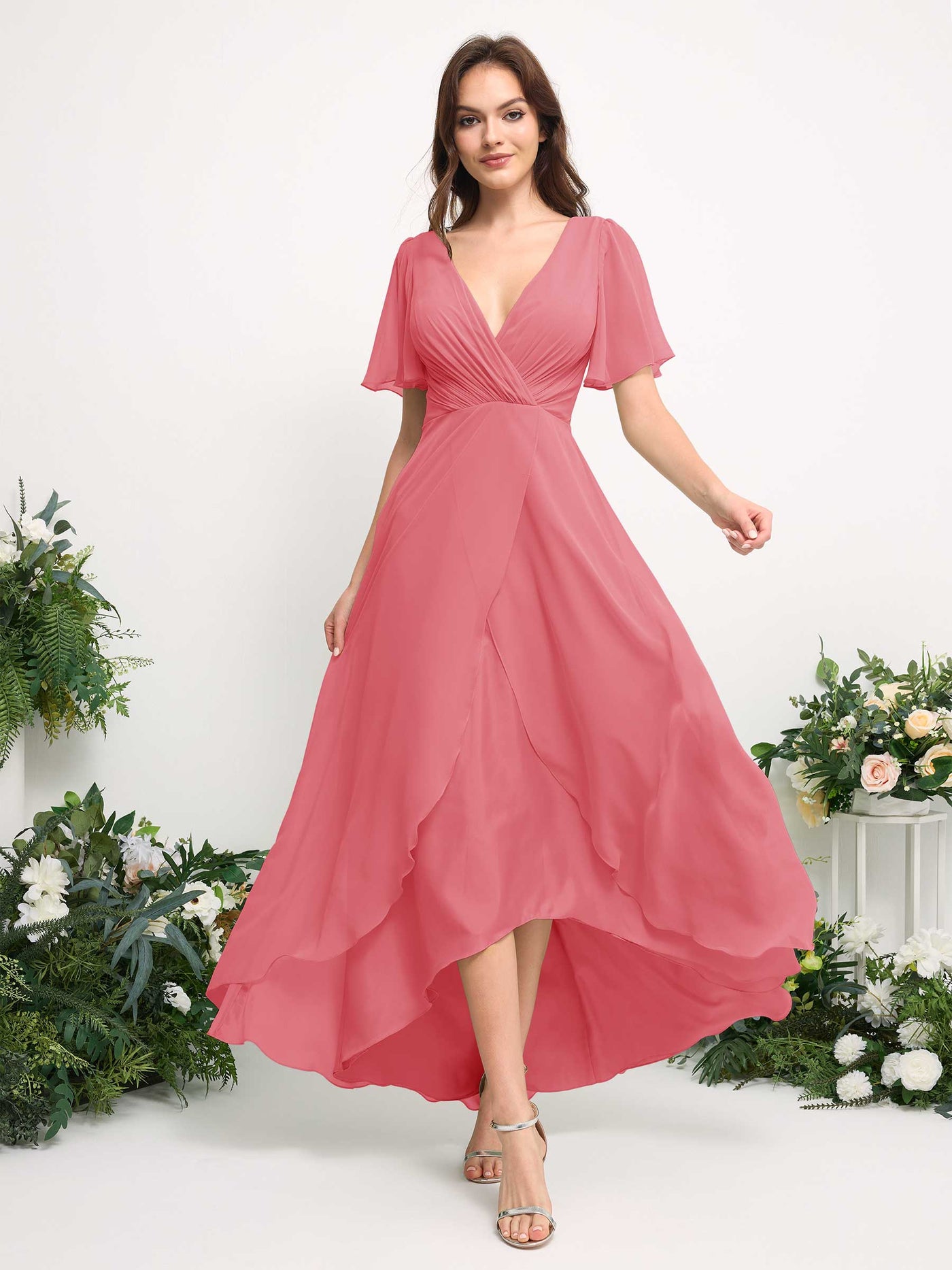 Carlyna Robe Trapèze Mousseline Col V Longueur ras du sol Robe de demoiselle d'honneur Rose Corail #couleur_rose-corail