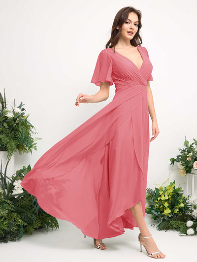 Carlyna Robe Trapèze Mousseline Col V Longueur ras du sol Robe de demoiselle d'honneur Rose Corail #couleur_rose-corail