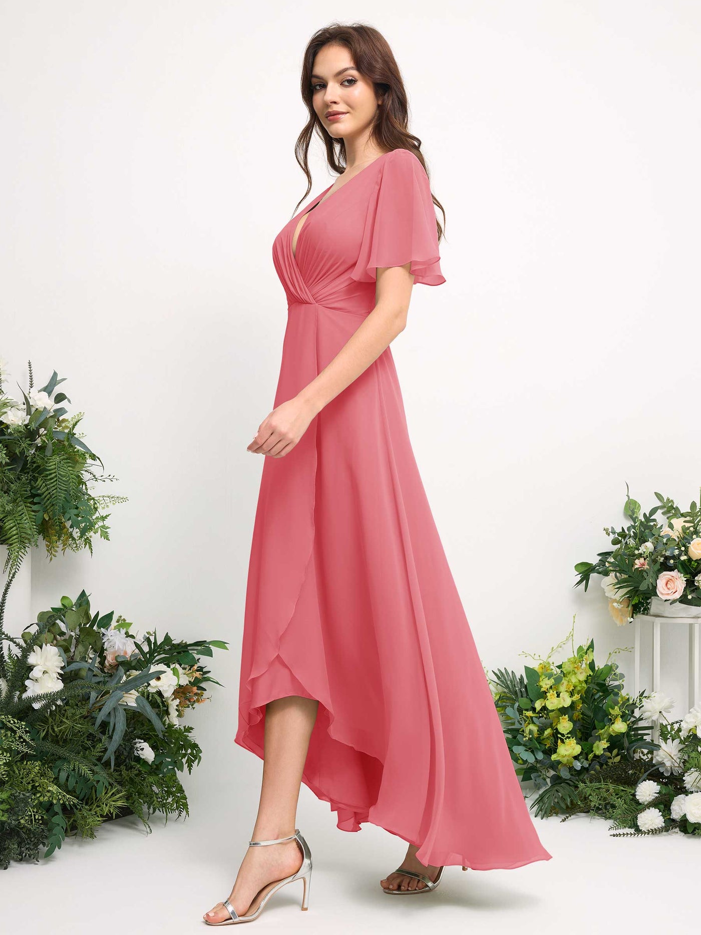 Carlyna Robe Trapèze Mousseline Col V Longueur ras du sol Robe de demoiselle d'honneur Rose Corail #couleur_rose-corail