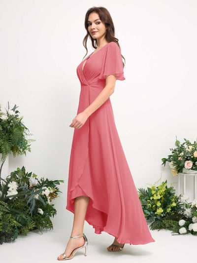 Carlyna Robe Trapèze Mousseline Col V Longueur ras du sol Robe de demoiselle d'honneur Rose Corail #couleur_rose-corail