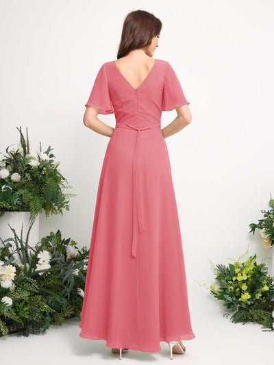 Carlyna Robe Trapèze Mousseline Col V Longueur ras du sol Robe de demoiselle d'honneur Rose Corail #couleur_rose-corail