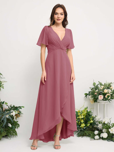 Carlyna Robe Trapèze Mousseline Col V Longueur ras du sol Robe de demoiselle d'honneur Rose Du Désert #couleur_rose-du-d-sert