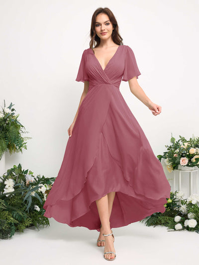 Carlyna Robe Trapèze Mousseline Col V Longueur ras du sol Robe de demoiselle d'honneur Rose Du Désert #couleur_rose-du-d-sert