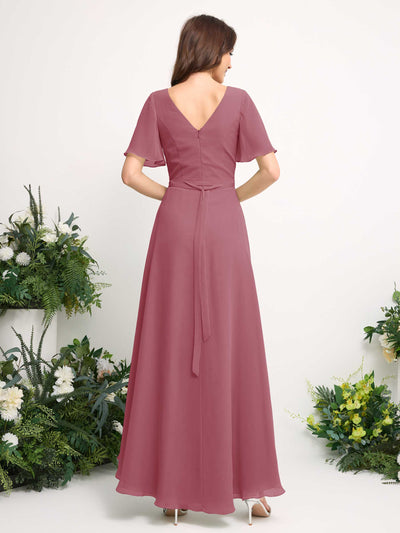 Carlyna Robe Trapèze Mousseline Col V Longueur ras du sol Robe de demoiselle d'honneur Rose Du Désert #couleur_rose-du-d-sert