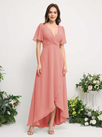 Carlyna Robe Trapèze Mousseline Col V Longueur ras du sol Robe de demoiselle d'honneur Rose Pêche #couleur_rose-p-che