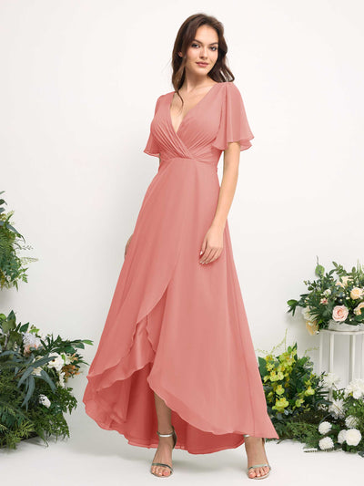 Carlyna Robe Trapèze Mousseline Col V Longueur ras du sol Robe de demoiselle d'honneur Rose Pêche #couleur_rose-p-che