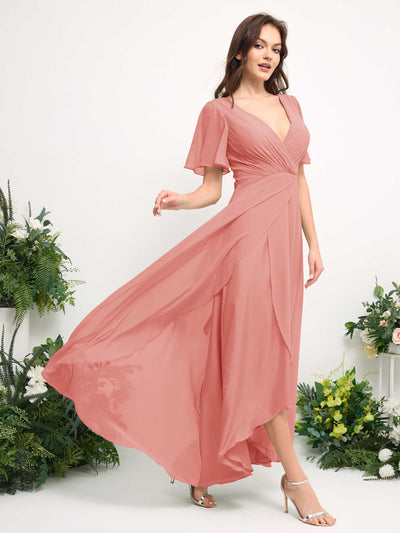 Carlyna Robe Trapèze Mousseline Col V Longueur ras du sol Robe de demoiselle d'honneur Rose Pêche #couleur_rose-p-che