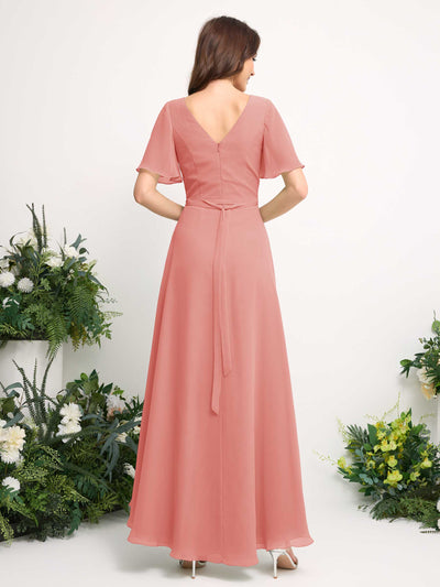 Carlyna Robe Trapèze Mousseline Col V Longueur ras du sol Robe de demoiselle d'honneur Rose Pêche #couleur_rose-p-che