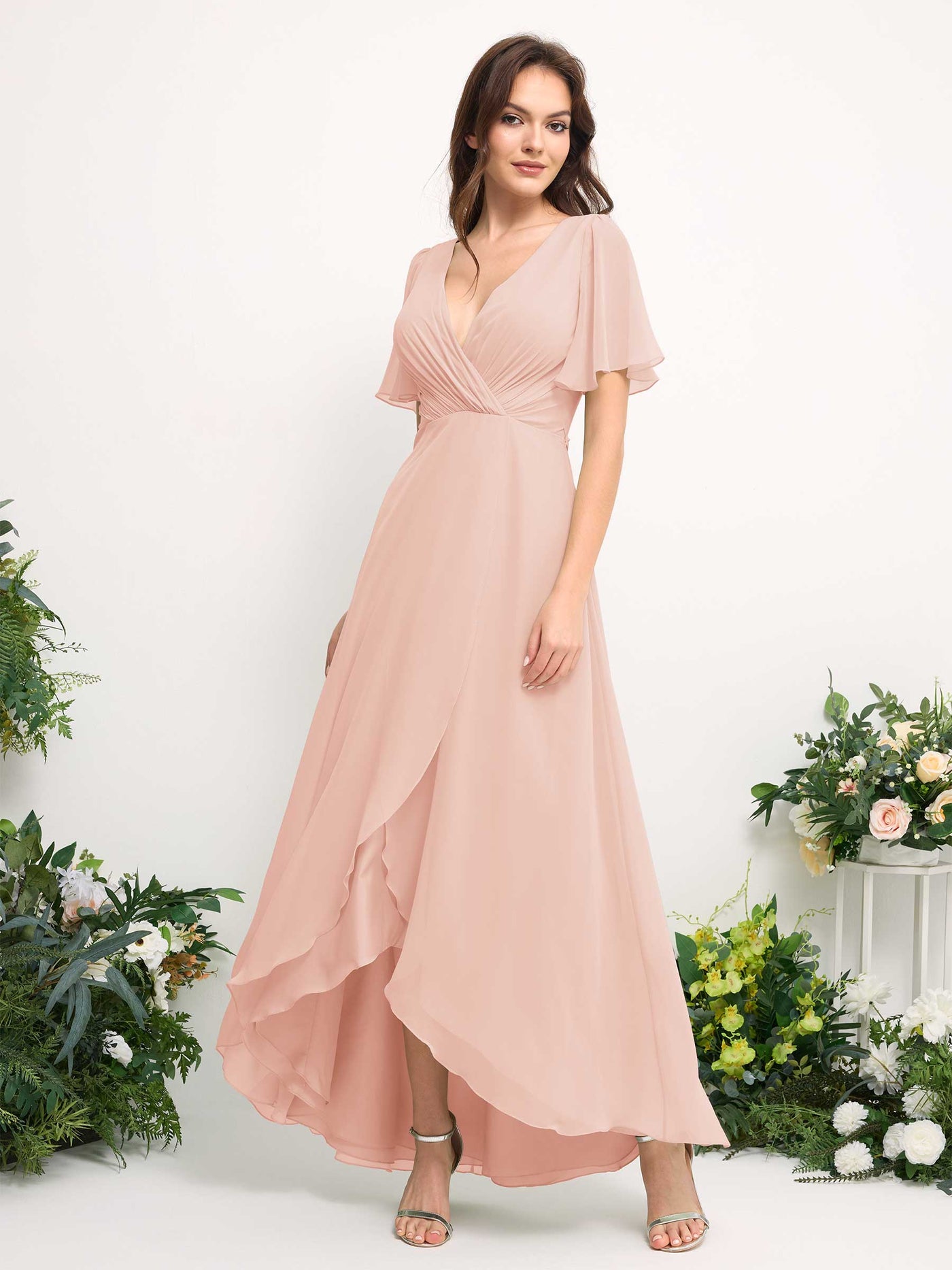 Carlyna Robe Trapèze Mousseline Col V Longueur ras du sol Robe de demoiselle d'honneur Rose Perle #couleur_rose-perle