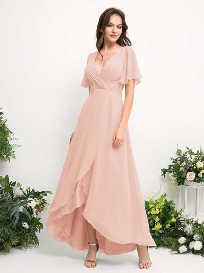 Carlyna Robe Trapèze Mousseline Col V Longueur ras du sol Robe de demoiselle d'honneur Rose Perle #couleur_rose-perle