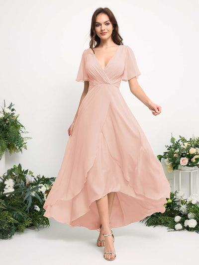 Carlyna Robe Trapèze Mousseline Col V Longueur ras du sol Robe de demoiselle d'honneur Rose Perle #couleur_rose-perle