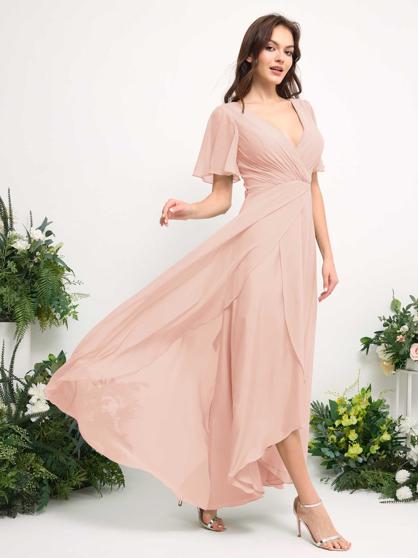 Carlyna Robe Trapèze Mousseline Col V Longueur ras du sol Robe de demoiselle d'honneur Rose Perle #couleur_rose-perle