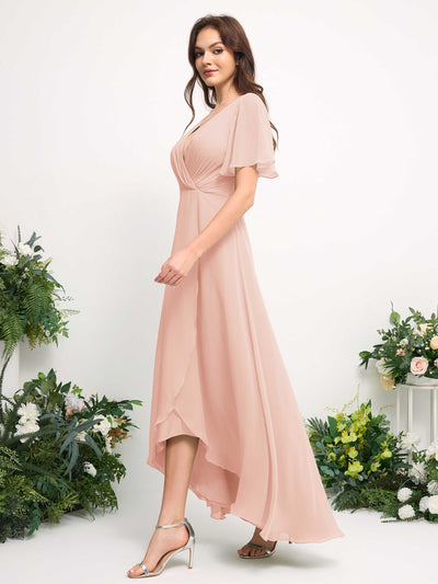 Carlyna Robe Trapèze Mousseline Col V Longueur ras du sol Robe de demoiselle d'honneur Rose Perle #couleur_rose-perle