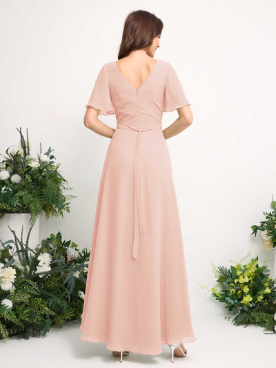 Carlyna Robe Trapèze Mousseline Col V Longueur ras du sol Robe de demoiselle d'honneur Rose Perle #couleur_rose-perle