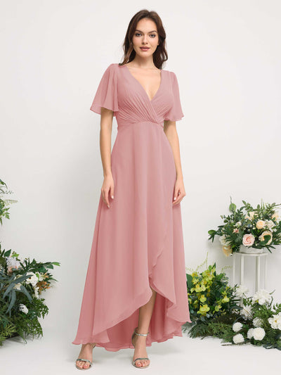 Carlyna Robe Trapèze Mousseline Col V Longueur ras du sol Robe de demoiselle d'honneur Rose Poussiéreux #couleur_rose-poussi-reux