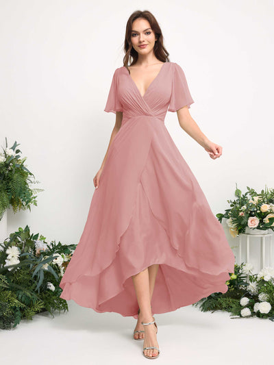 Carlyna Robe Trapèze Mousseline Col V Longueur ras du sol Robe de demoiselle d'honneur Rose Poussiéreux #couleur_rose-poussi-reux