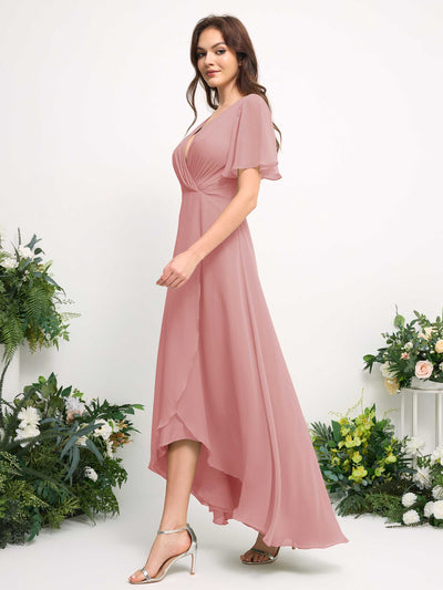 Carlyna Robe Trapèze Mousseline Col V Longueur ras du sol Robe de demoiselle d'honneur Rose Poussiéreux #couleur_rose-poussi-reux