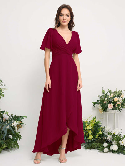 Carlyna Robe Trapèze Mousseline Col V Longueur ras du sol Robe de demoiselle d'honneur Rouge Bouffon #couleur_rouge-bouffon