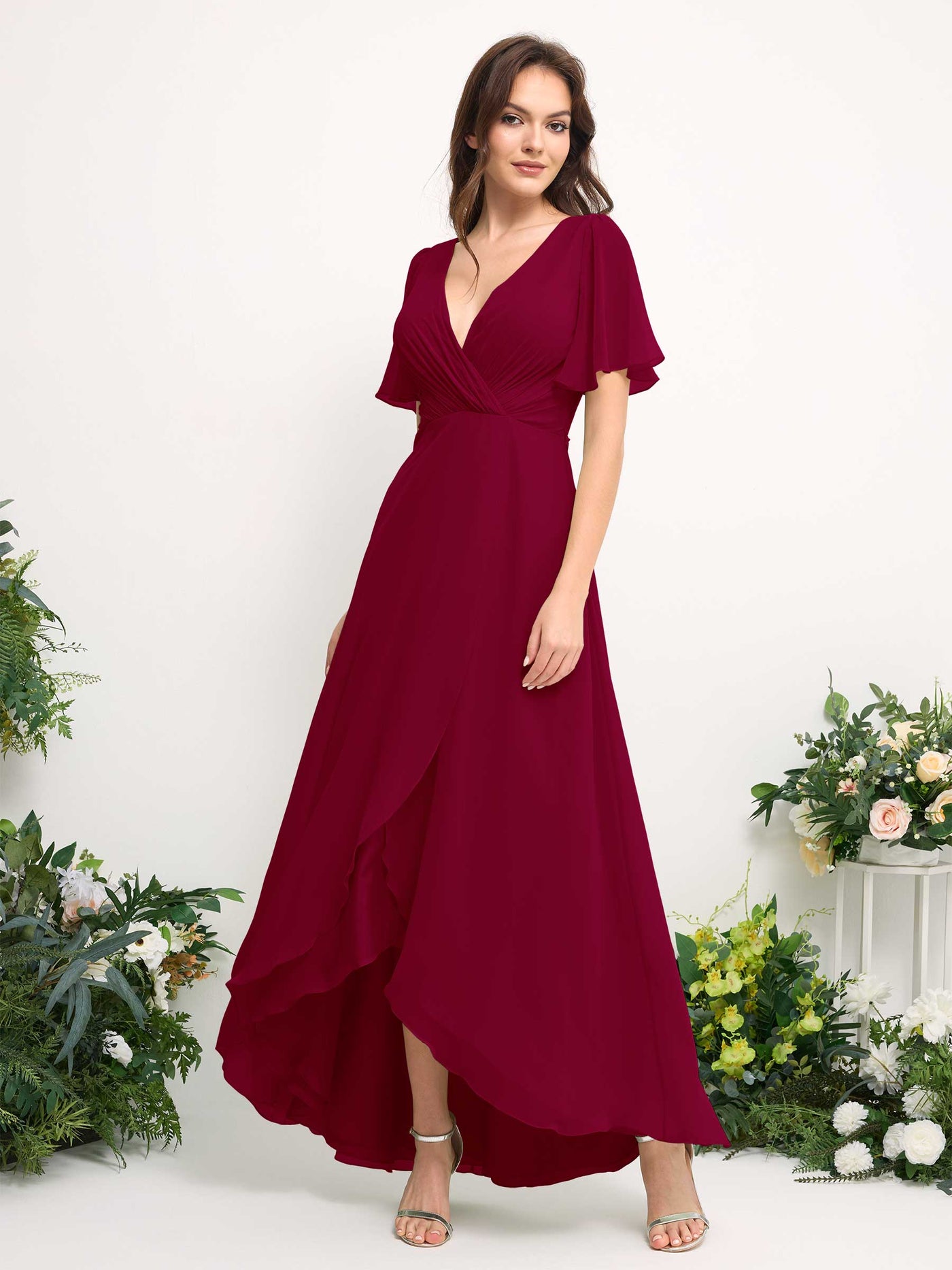Carlyna Robe Trapèze Mousseline Col V Longueur ras du sol Robe de demoiselle d'honneur Rouge Bouffon #couleur_rouge-bouffon