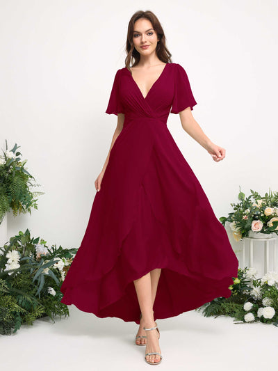 Carlyna Robe Trapèze Mousseline Col V Longueur ras du sol Robe de demoiselle d'honneur Rouge Bouffon #couleur_rouge-bouffon
